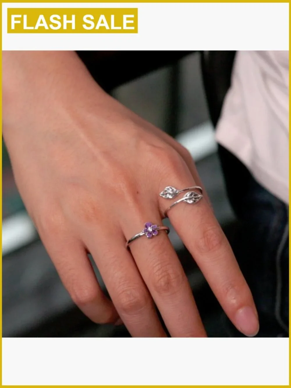 Sterling Silver Dainty Stackable Rings - Leaf Design Adjustable Size 6-9